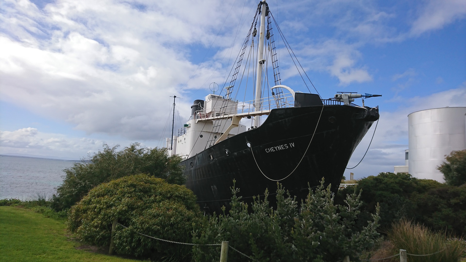 Walfang: Großes Walfangschiff an Land mit Harpune am Bug
