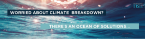 Nahaufnahme der Meeresoberfläche mit Lichtreflektionen. Darüber die Sätze: Worried about climate breakdown? There is an ocean of solutions