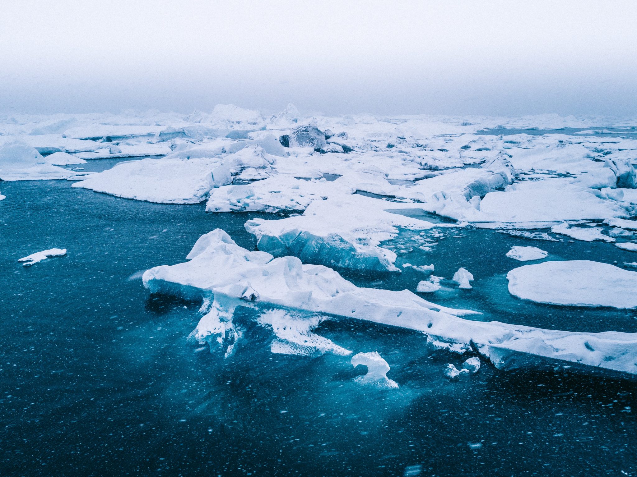 Dunkelblaues Meer mit großen Eisbergen, die sich in den Horizont erstrecken