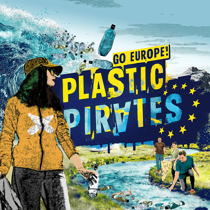 Das Titelbild der Aktion "Plastic Pirates - Go Europe!". Man sieht mehrere junge Menschen an einem Fluss, die Müll sammeln.
