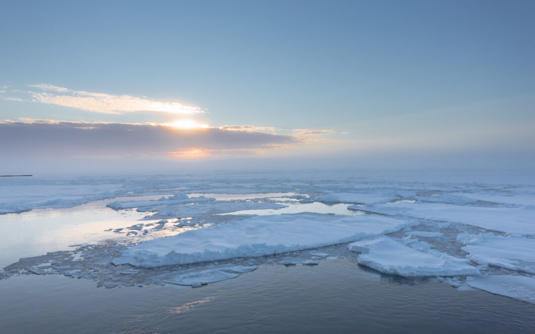 Blick auf arktisches Treib- und Packeis von Bord des deutschen Forschungsschiffes Polarstern, auf dem Weg zum Nordpol.