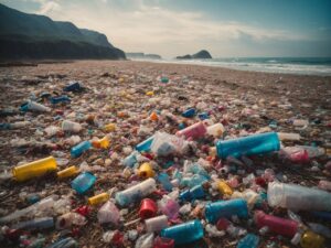 Ein Strand voll mit Plastikflaschen und anderem Müll